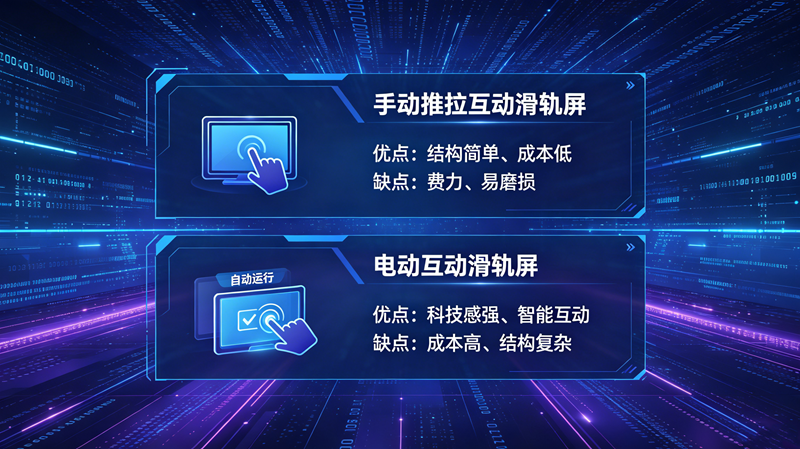 电动互动滑轨屏和手动推拉滑轨屏区别，优缺点详细对比-苏州好奇数字科技.png